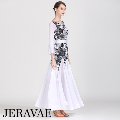 White Ballroom Dress with Grey Floral Bodice, Long Flared Sleeves, and Full Single Layer Skirt with Wrapped Horsehair Hem PRA 268