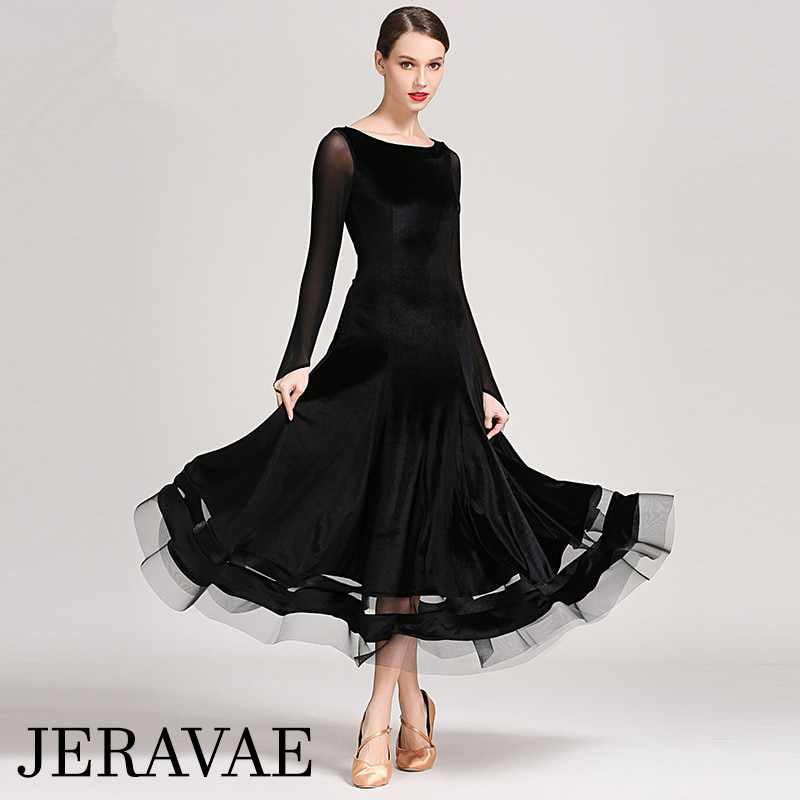 Velvet Sheen Ballroom Practice Dress with Mesh Details and Long Sleeves in 3 Colors and Sizes S-XXL PRA 279 in Stock