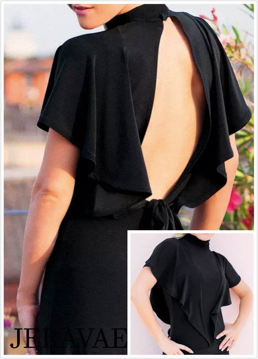 Black Ballroom or Latin Practice Top with Double Sash Sleeves and Open Back with Tie Available in Sizes S-3XL PRA 271