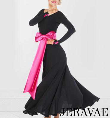Black ballroom dress with contrasting pink belt and buttons