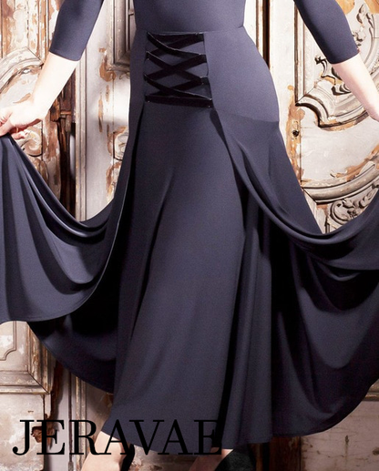 Long Black Ballroom Practice Skirt with Velvet Lace Detail on Front Sizes S-3XL PRA 267 in Stock