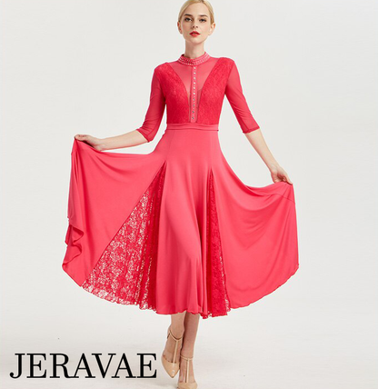 Long Ballroom Practice Dress with High Collar, Stoning Details, and Lace Gussets in Skirt in 3 Colors and Sizes S-XXL PRA 285