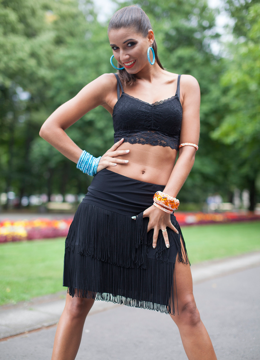 Senga Dancewear REEL Black Latin Practice Skirt with Two Rows of Fringe and Double Slits PRA 966 in Stock
