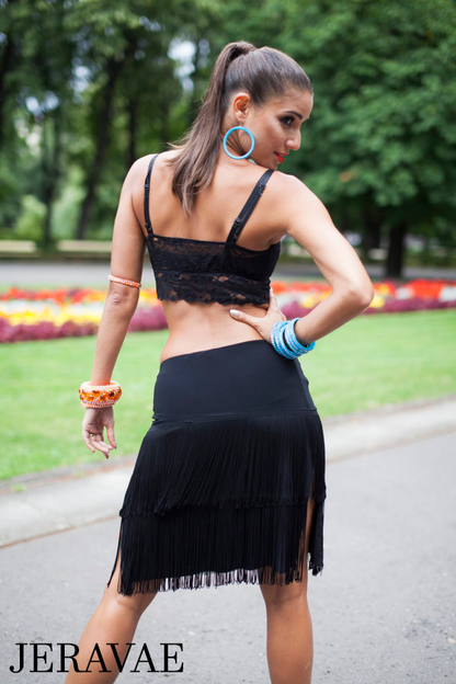 Senga Dancewear REEL Black Latin Practice Skirt with Two Rows of Fringe and Double Slits PRA 966 in Stock