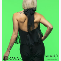 Chrisanne Clover Rita Black Sleeveless Latin Practice Halter Top with Chiffon Ribbon Attachments and Open Back Pra936 in Stock