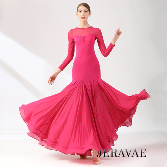 Ballroom Practice Dress with Long Sleeves, Princess Neckline, Heart Cutout on Back, Wrapped Horsehair Hem, and Sheer Chiffon Skirt PRA 772 in Stock