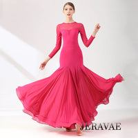 Long Ballroom Practice Dress with Long Sleeves, Princess Neckline and Heart Cut out on Back.  Features Wrapped Horsehair Hem and Sheer Chiffon Skirt Pra772 in Stock