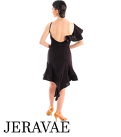 Victoria Blitz Siracusa Black Latin Practice Dress with Frill on One Shoulder, Unique Asymmetrical Skirt, and Open Back Pra723 in Stock