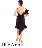 Victoria Blitz Siracusa Black Latin Practice Dress with Frill on One Shoulder, Unique Asymmetrical Skirt, and Open Back Pra723 in Stock