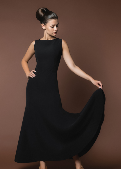 Long Sleeveless Black Ballroom Practice Dress with Lace Panel Back and Wrapped Horsehair Hem PRA 619