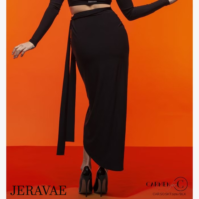 Chrisanne Clover Sofia Black Latin Practice Wrap Skirt with Ruching, Long Waist Tie, and Side Slit PRA 935 in Stock
