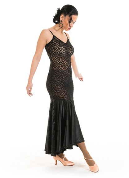 Victoria Blitz ST016 Transparent Stretch Lace Black Ballroom Practice Dress with V-Neckline and Satin Skirt PRA 901 In Stock