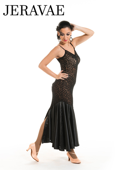 Victoria Blitz ST016 Transparent Stretch Lace Black Ballroom Practice Dress with V-Neckline and Satin Skirt PRA 901 In Stock