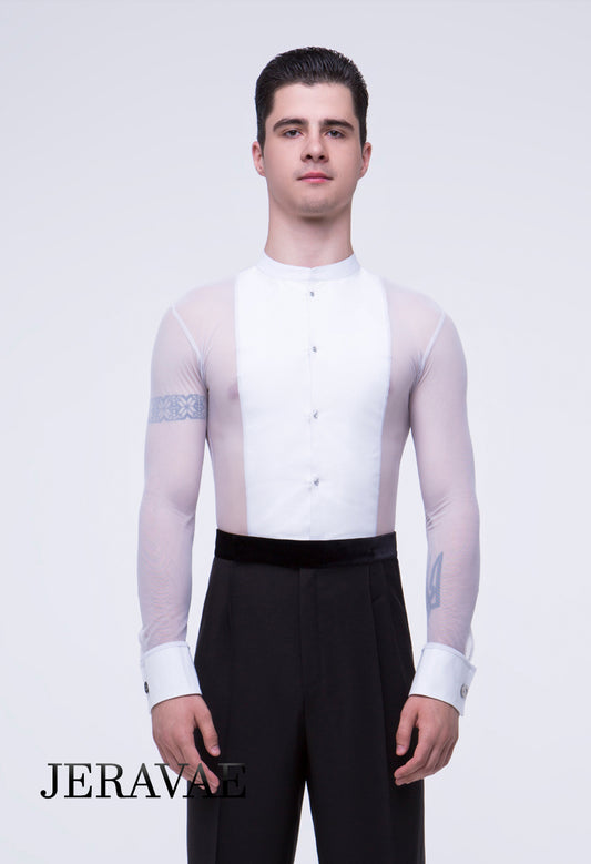 White Mesh International Men's or Boy's Ballroom Standard Shirt with Integrated Bodysuit/Trunks And Tuxedo Front M022