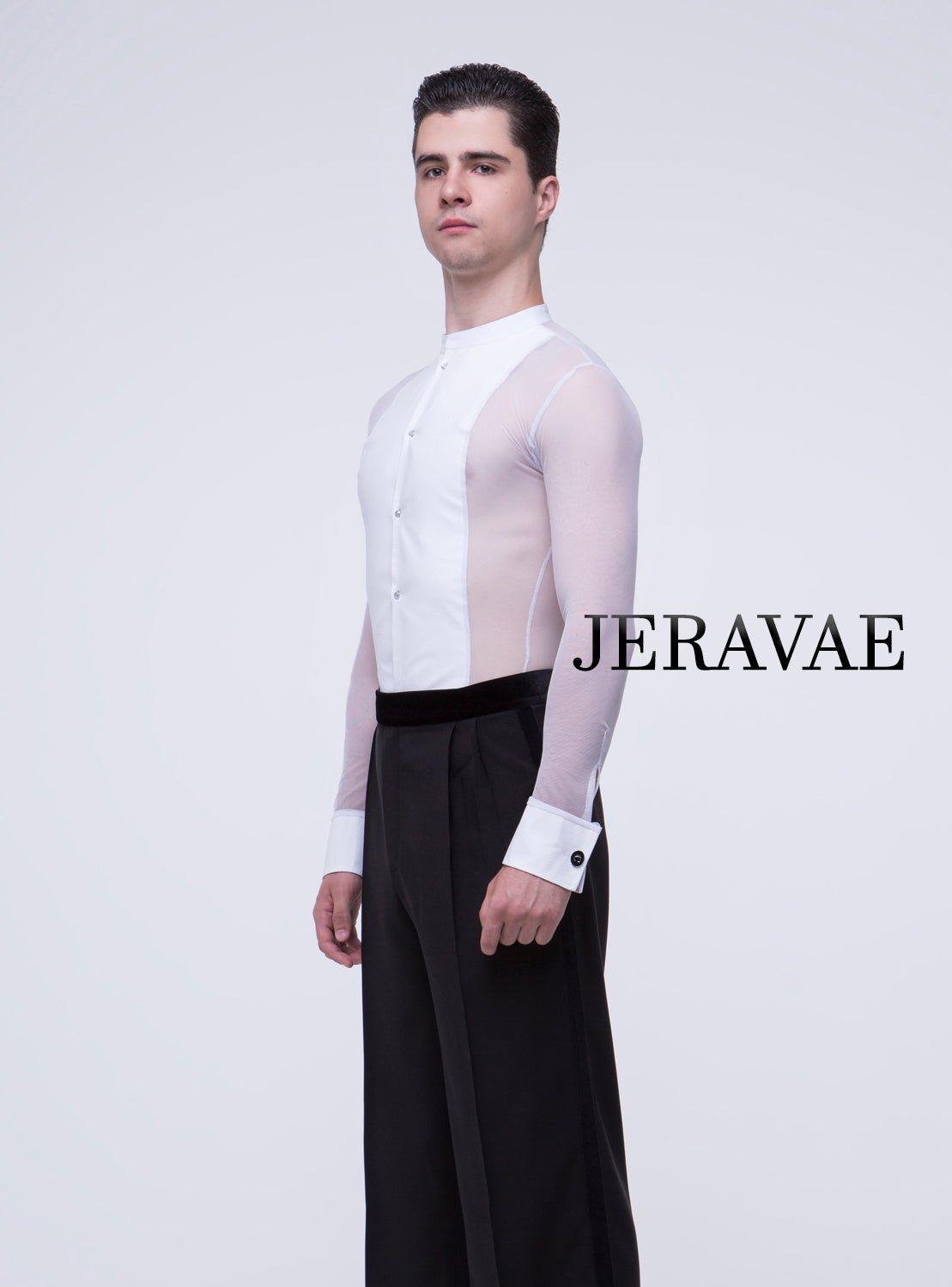 White Mesh International Men's or Boy's Ballroom Standard Shirt with Integrated Bodysuit/Trunks And Tuxedo Front M022