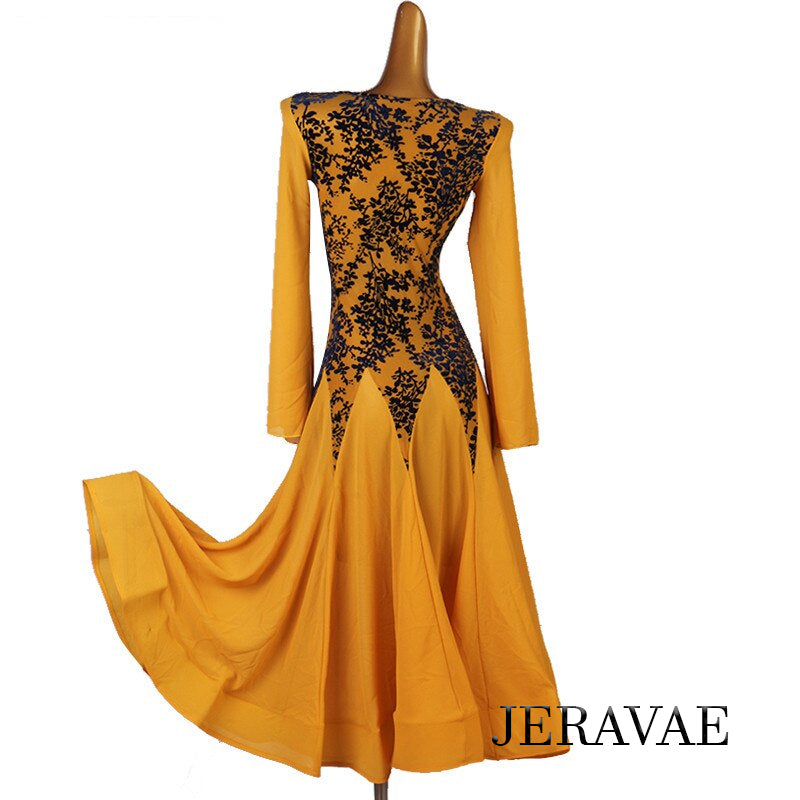 Gorgeous Long Sleeve Yellow Ballroom Practice Dress with Navy Blue Raised Velvet Details in Sizes XS-6XL PRA 667