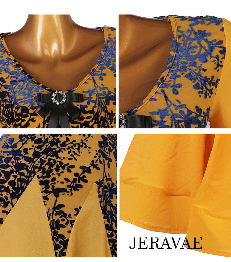 Gorgeous Long Sleeve Yellow Ballroom Practice Dress with Navy Blue Raised Velvet Details.  Available in sizes XS-6XL PRA 667